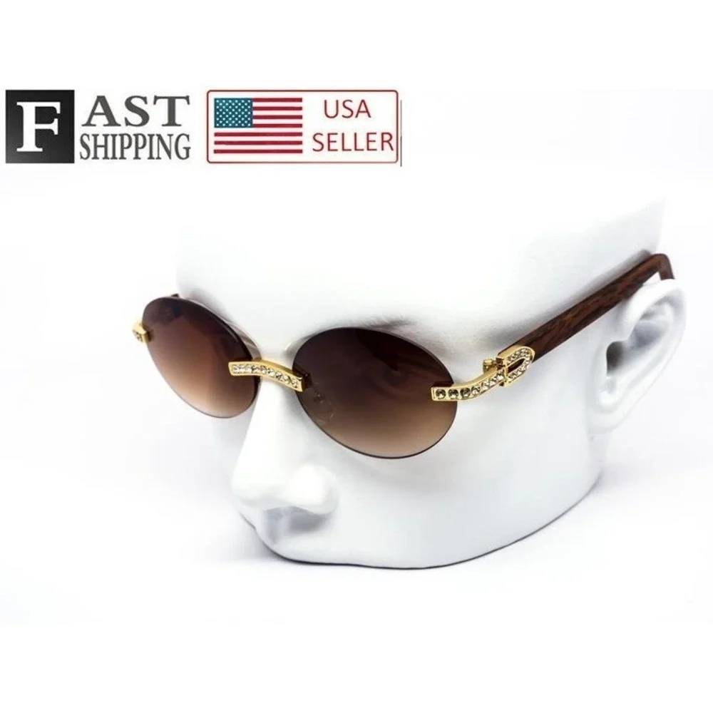 Rimless Sunglasses Oval Lens Wood Grain Frame Rhinestone Accents‎ Men Gafas 2026